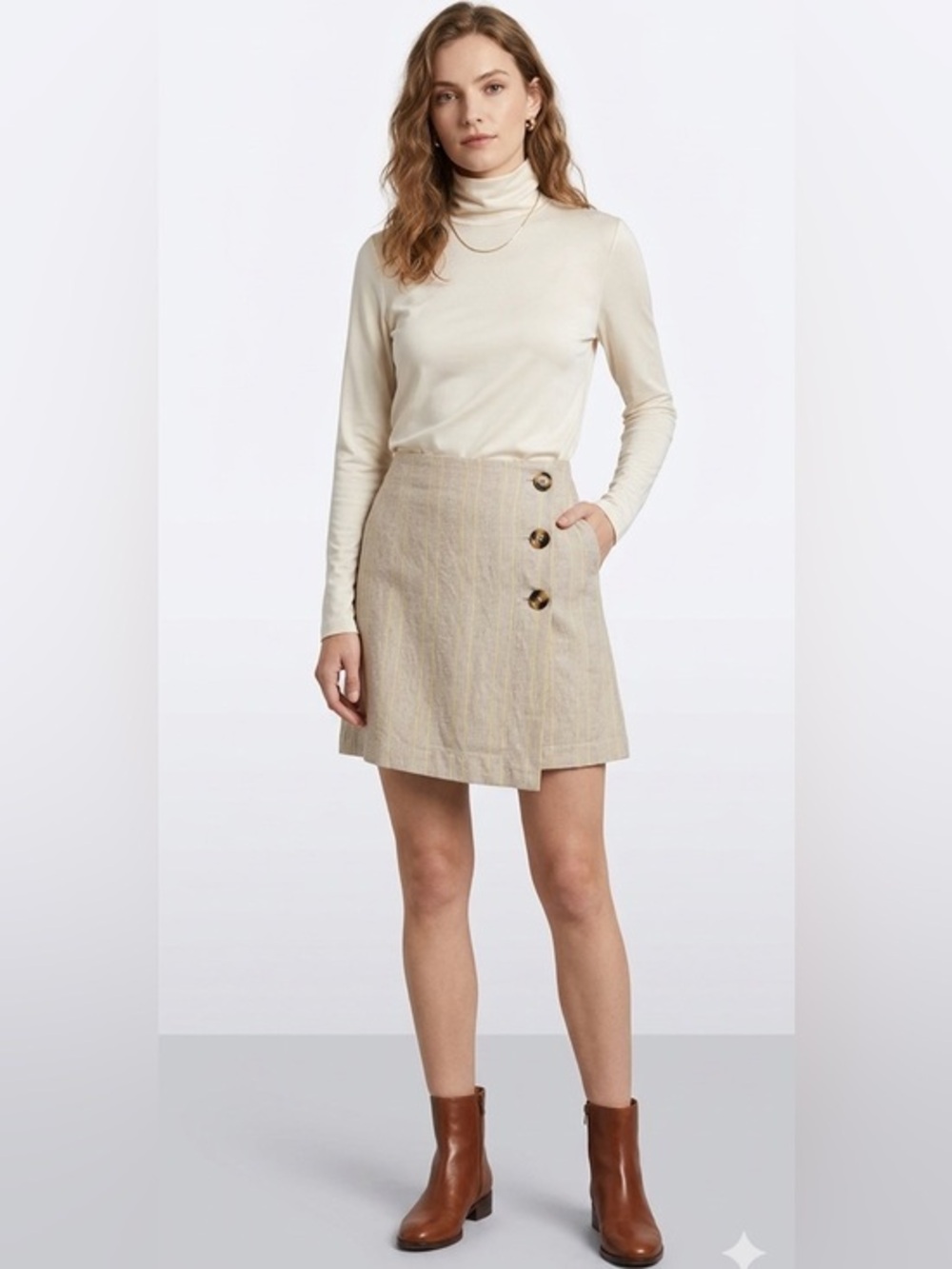 Frank & Oak Highrise Beige Plaid Button-Front Mini Skort With Yellow Pinstripes